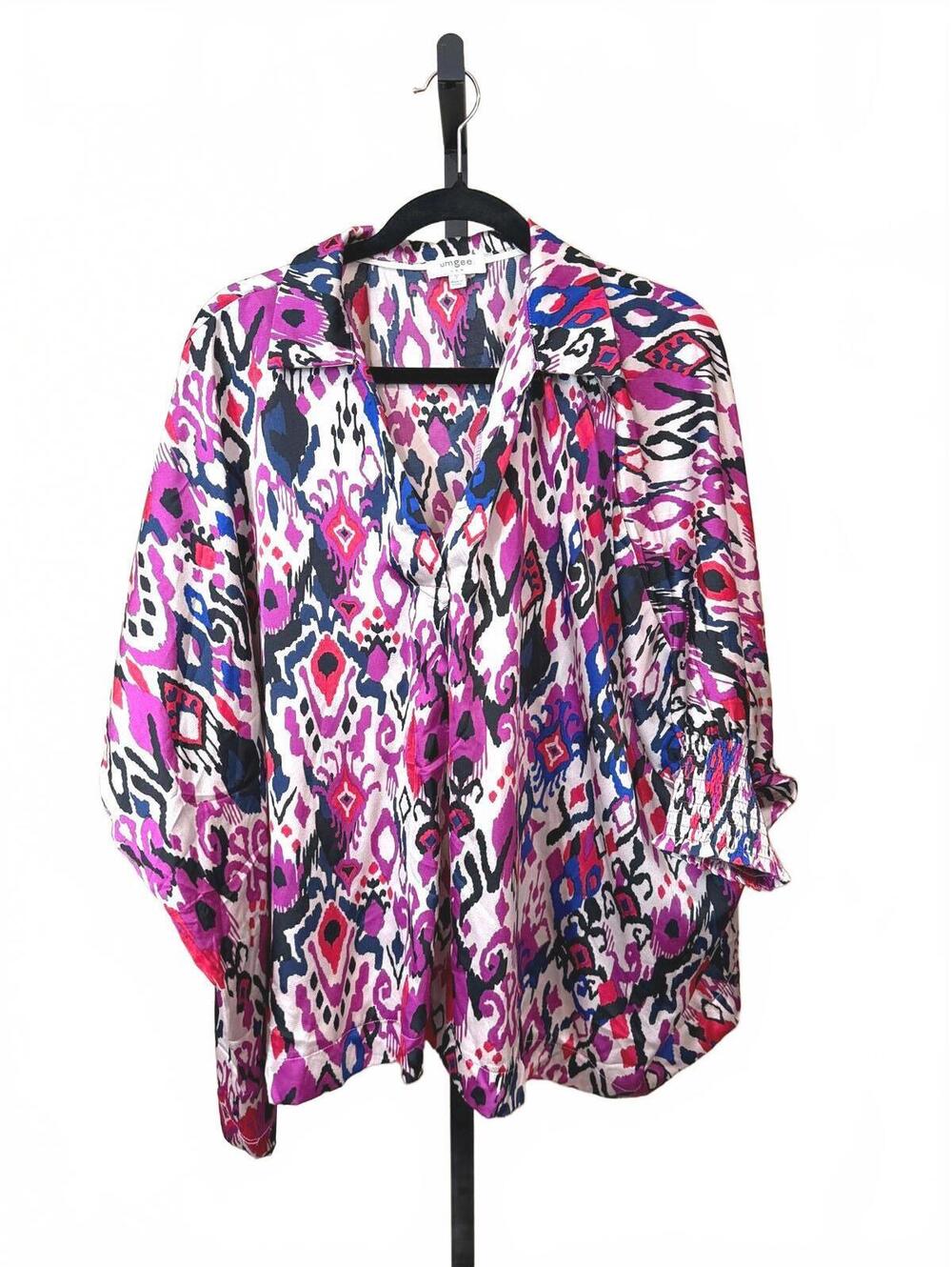 umgee Small Women's Colorful Patterned Blouse with Smocked Cuffs